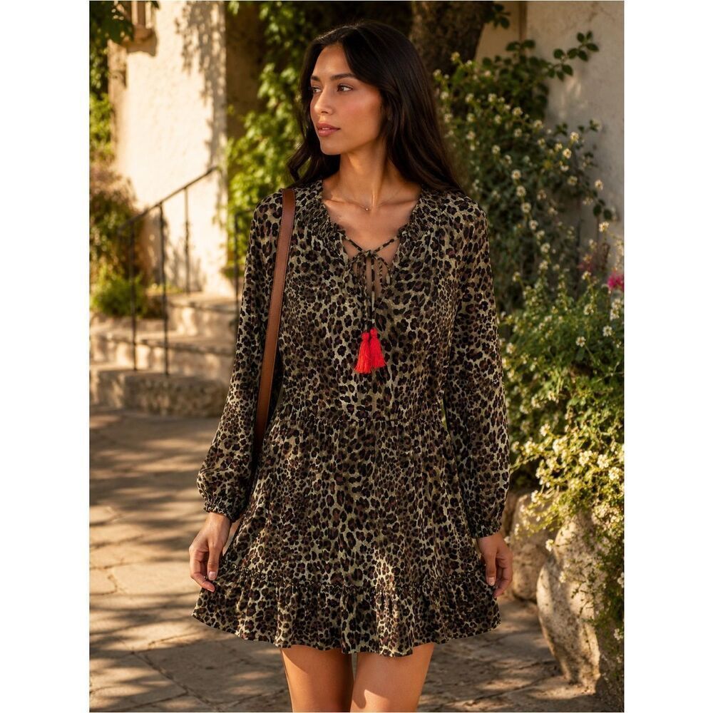 NWT ee:some Sage Green Cheetah Print Mini Long Sleeve Dress M Chic Western Boho